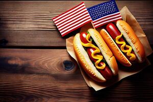 USA national holiday Labor Day, hot dogs with ketchup and mustard on wood background. photo