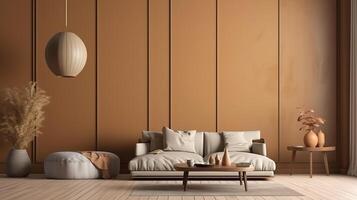 Wall mockup in home interior, living room in brown warm color. photo
