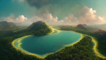 A conceptual image showing a lung-shaped lake in a lush and pristine jungle. photo