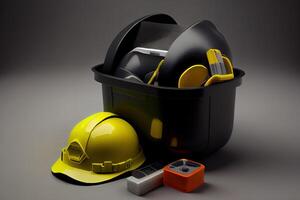 Open plastic tool kit box with construction safety helmet and various hand tools. photo