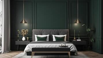 Mockup frame in dark green bedroom interior background. photo