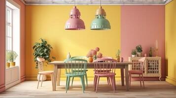 Blank canvas by a dining table in a modern boho chic aesthetic dining room. photo