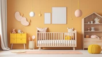 Mock up frame in children room with natural wooden furniture. photo