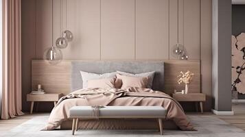 Mock up frame in bedroom interior background, 3d render, Bright color. photo