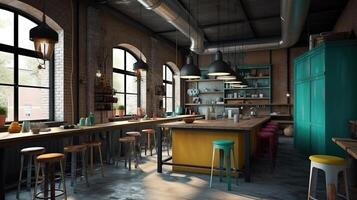 café interior en desván, industrial interior estilo, 3d prestar, brillante color. generativo ai foto