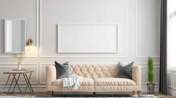 Hampton style living room interior with frame mockup, 3d render, Bright color. photo