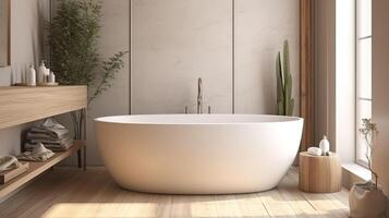 Poster mockup in white cozy bathroom interior background. photo