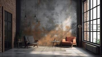 Blank wall mockup in loft interior background, industrial style. photo