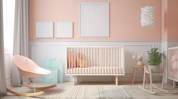 Mock up frame in cozy nursery interior background, Scandinavian style. photo