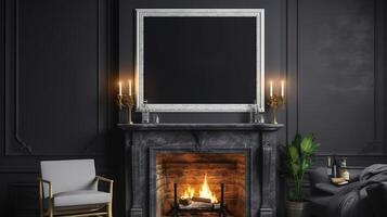 Mock up poster frame in dark interior background with fireplace. photo