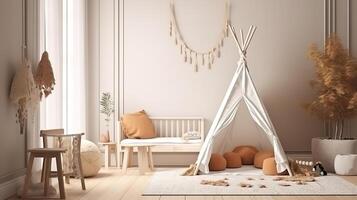 Creative scandi childs room interior with mock up. photo