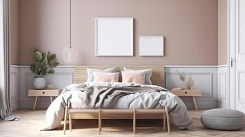 Mock-up poster frame in bedroom, Scandinavian style, 3d render. photo