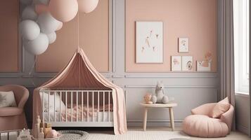 Stylish composition of cozy scandinavian child's room interior. photo