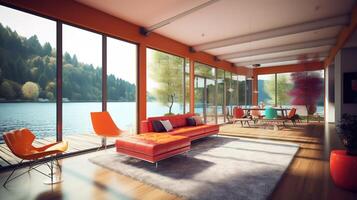 Modern lake house interior, 3d render. photo