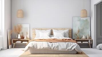 Mock up frame in cozy home interior background, coastal style bedroom. photo