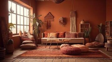 boho estilo hogar interior, vivo habitación en marrón calentar color. generativo ai foto