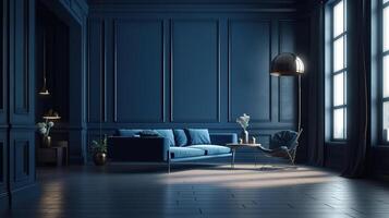 Dark blue home interior background, modern style, 3d render, Bright color. photo