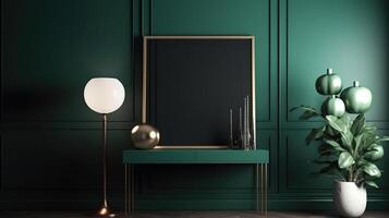 Mockup poster frame in modern dark green home interior, 3d render, Bright color. photo