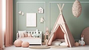 creativo scandi niños habitación interior con burlarse de arriba. generativo ai foto