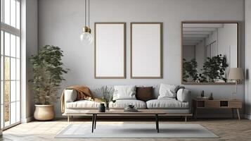 Mockup frame in scandinavian farmhouse living room interior. photo
