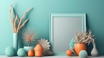 Mockup frame close up in Coastal boho interior background. photo