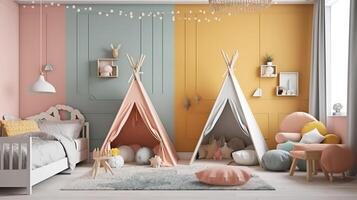 Mock up poster, wall in children bedroom interior background. photo