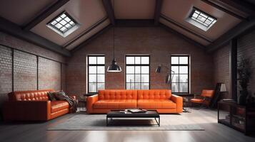 moderno vivo habitación desván con naranja cuero sofá y ladrillo techo. generativo ai foto