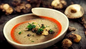 Spicy mushroom soup with fresh dill in a bowl and toast close-up. photo