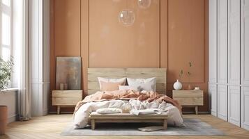 Mock up frame in country style bedroom interior, 3d render, Bright color. photo