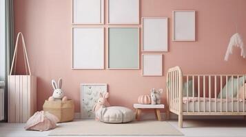 Mock up frame in cozy nursery interior background, Scandinavian style. photo