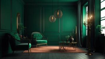 Dark green home interior with old retro furniture. photo
