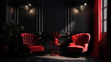 Elegant dark interior with bright red armchairs, 3d render, Bright color. photo