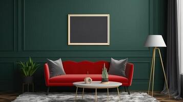 Mockup frame in dark green home interior with red sofa, table and decor. photo