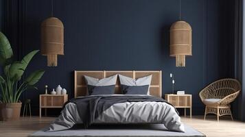 Empty poster frame mock up on dark blue wall with bed. photo