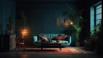 Dark cozy interior background, 3D render, Bright color. photo