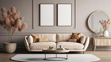Frame mockup in home interior, living room in neutral colors with sofa. photo