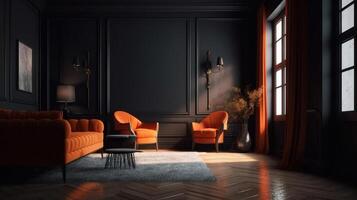 A room with orange chairs and a black wall that says'i love you. photo