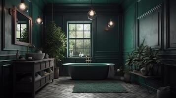 Dark green rustic bathroom, 3d render. photo