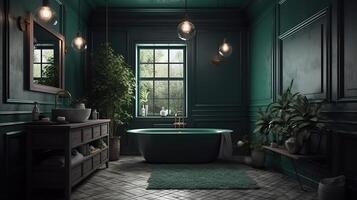 oscuro verde rústico baño, 3d prestar. generativo ai foto