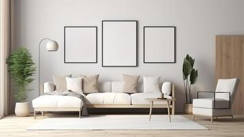 White sofa with decor and mockup frames on wall in Scandinavian style interior. photo