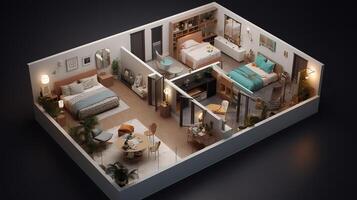 3d model of furnished home apartment, Bright color. photo