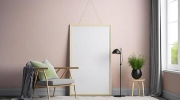Mock up poster frame in interior background, scandinavian style, 3D render. photo