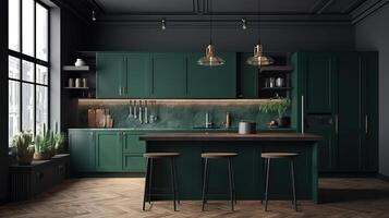 Empty dark green kitchen interior, wall mockup, 3d render, Bright color. photo