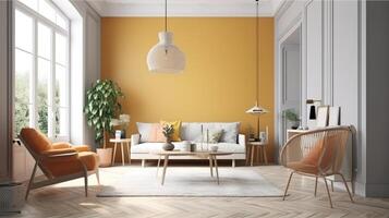 Scandi-Boho style living room interior, wall mockup, 3d render, Bright color. photo