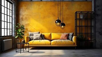 Cozy industrial home interior, wall mock up, 3d render, Bright color. photo
