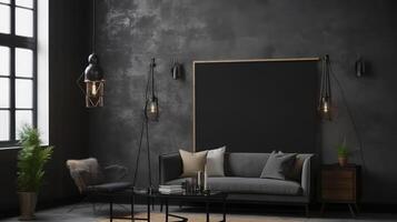 Poster, wall mockup in interior background with dark furniture, industrial style. photo