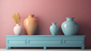 Colorful pottery on a shelf home decor. photo