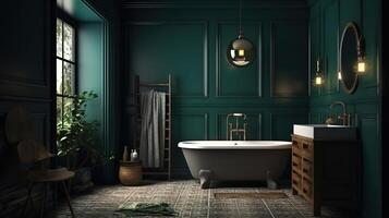Dark green rustic bathroom, 3d render. photo