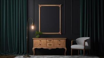 Frame mockup in dark vintage interior with wooden furniture. photo