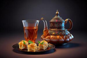 Amazing Ramadan kareem. Tea glasses and pot, traditional delight baklava. photo